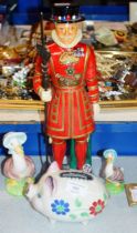 OLD PIGGY BANK, 2 BESWICK BEATRIX POTTER ANIMALS AND A BEEFEATER FIGURE