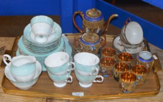 TRAY WITH ASSORTED TEA & COFFEE WARE. JAPANESE SATSUMA STYLE COFFEE WARE, TUSCAN TEA WARE ETC