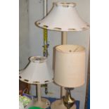 MAGAZINE RACK, FLOOR LAMP WITH SHADE WITH MATCHING TABLE LAMP AND ONE OTHER TABLE LAMP