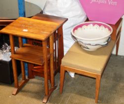 TEAK TELEPHONE SEAT, 2 BASINS AND 2 OTHER TABLES