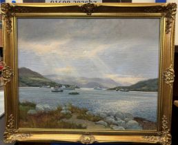 GILT FRAMED OIL PAINTING ON CANVAS - COASTAL SCENE WITH VARIOUS BOATS BY DONALD M SHEARER