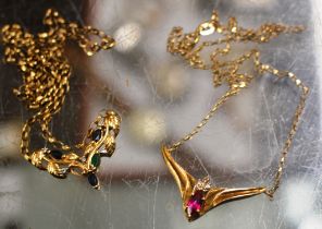 2 X 9 CARAT GOLD DRESS STONE PENDANTS ON 9 CARAT GOLD CHAINS, APPROX COMBINED WEIGHT = 12 GRAMS