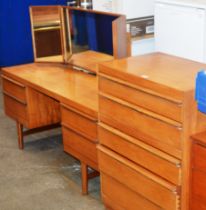 2 PIECE TEAK BEDROOM SET COMPRISING DRESSING TABLE WITH TRIPLE MIRROR & 5 DRAWER CHEST