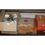 ARTIST EASEL, ASSORTED RECORDS, FILM PROJECTOR IN BOX, BOX SET OF CRYSTAL GLASSES AND A BOX
