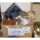 LEATHER BOUND FAMILY BIBLE, A BOX CONTAINING BELLOWS ROYAL DOULTON FIGURINE, VINTAGE SOFT TOYS,