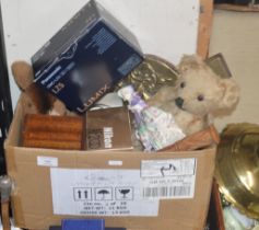 LEATHER BOUND FAMILY BIBLE, A BOX CONTAINING BELLOWS ROYAL DOULTON FIGURINE, VINTAGE SOFT TOYS,