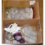 2 BOXES CONTAINING ASSORTED GLASS WARE, CRYSTAL WARE, FIGURINE DISPLAY, COLOURED GLASS VASES, WALL