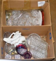 2 BOXES CONTAINING ASSORTED GLASS WARE, CRYSTAL WARE, FIGURINE DISPLAY, COLOURED GLASS VASES, WALL