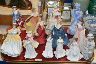 TRAY WITH VARIOUS FIGURINE ORNAMENTS, ROYAL DOULTON, COALPORT ETC