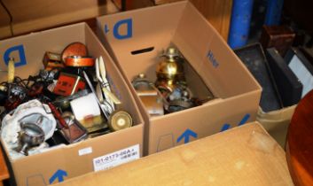 3 BOXES CONTAINING COPPER AND BRASS WARE, MIXED CERAMICS, CUTLERY, CUTLERY BOXES AND GENERAL BRIC