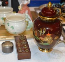 CARLTON WARE LIDDED JAR, SILVER NAPKIN RING AND VARIOUS SMALL BRASS WEIGHTS