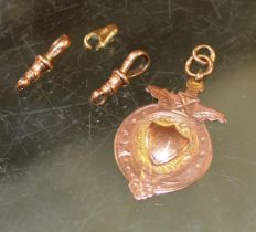 9 CARAT GOLD POCKET WATCH FOB, 3, 9 CARAT DOG CLIPS, APPROX WEIGHT= 9.1 GRAMS