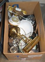 BOX CONTAINING VARIOUS EP WARE, CUT GLASS WARE, CIGARETTE BOX, BAROMETER, BRASS ORNAMENTS, NOVELTY