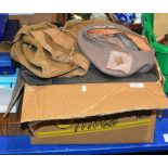 BOX CONTAINING VARIOUS ARMY CLOTHING, HAT, CANVAS BAG ETC