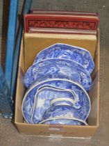 BOX WITH ASSORTED PIECES OF SPODE BLUE AND WHITE POTTERY AND VARIOUS OLD BOOKS