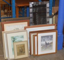 MODERN WALL MIRROR, VARIOUS FRAMED PICTURES, RUSSELL FLINT PRINTS ETC