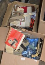 2 BOXES CONTAINING VARIOUS TOY SOLDIERS, TOY PISTOL, SLIDE VIEWER, CUTLERY, CHILD SIZE SPORRAN ETC