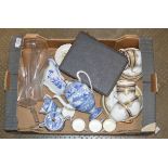 BOX WITH GLASSWARE, WEDGEWOOD COFFEE WARE, QUANTITY OF GILT TEA WARE AND BOX SET OF EP CUTLERY