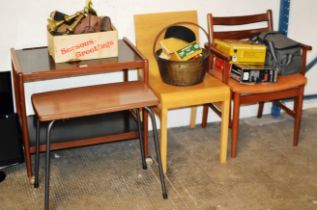 TEAK 2 TIER TROLLEY, MODERN OCCASIONAL TABLE, TEAK CHAIR AND 1 OTHER CHAIR