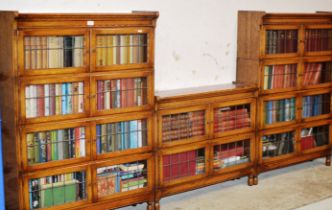 3 MATCHING OAK SECTIONAL BOOKCASES WITH LEADED GLASS DOORS