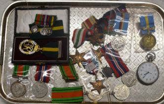 A TRAY WITH LONGINES POCKET WATCH AND VARIOUS MEDALS, WW2 MEDAL, MINIATURE DRESS MEDALS ETC