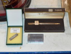 STERLING SILVER INGOT, CIGARETTE LIGHTER & BOXED PARKER PEN