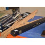 POOL CUE AND CASE, WOODEN EASEL AND SHOOTING STICK