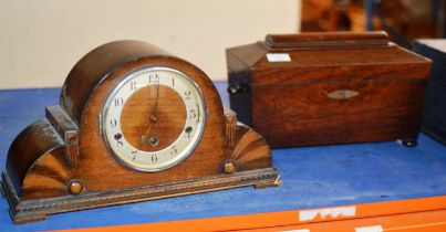 A VICTORIAN ROSEWOOD TEA CADDY AND OAK MANTLE CLOCK