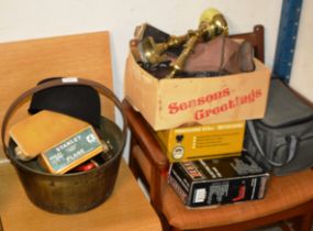 BRASS JELLY PAN, STANLEY PLANE IN BOX, VINTAGE MEASURING TAPE, ELECTRIC DRILL, PAIR OF BRASS