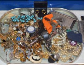 A TRAY WITH VARIOUS COSTUME JEWELLERY