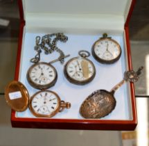 4 VARIOUS POCKET WATCHES AND A DUTCH SILVER CADDY SPOON