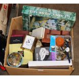 BOX CONTAINING GLASS CHESS SET, WRIST WATCHES, EP CRUET SET, GOLD PLATED CUFF LINKS, QUANTITY OF
