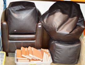 LEATHER TUB CHAIR, LEATHER FOOT STOOL AND 3 VARIOUS LEATHER FINISHED BEAN BAGS