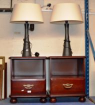 PAIR OF REPRODUCTION MAHOGANY SINGLE DRAWER BEDSIDE TABLES AND A PAIR OF MODERN LAMPS