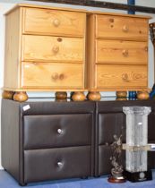 PAIR OF MODERN LEATHER FINISHED 2 DRAWER BEDSIDE CHESTS AND A PAIR OF MODERN PINE 3 DRAWER BEDSIDE