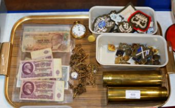 TRAY CONTAINING BRASS SHELLS VARIOUS BANK NOTES, GILT WATCH CHAINS, SMITHS POCKET WATCH, MILITARY