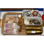 TRAY CONTAINING BRASS SHELLS VARIOUS BANK NOTES, GILT WATCH CHAINS, SMITHS POCKET WATCH, MILITARY