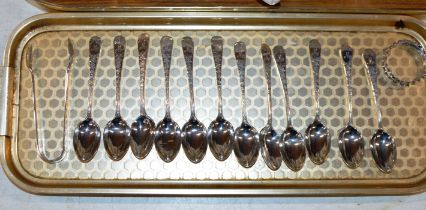 SET OF 12 STERLING GLASGOW SILVER TEA SPOONS WITH TONGS AND BIRMINGHAM SILVER NAPKIN RING