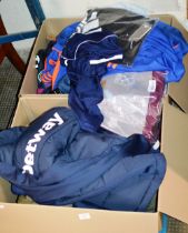 2 BOXES WITH VARIOUS CLOTHING, FOOTBALL SHIRTS ETC