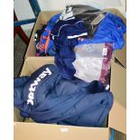 2 BOXES WITH VARIOUS CLOTHING, FOOTBALL SHIRTS ETC