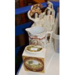 PAIR OF STAFFORDSHIRE STYLE FIGURINES, COMMEMORATIVE QUEEN VICTORIA JUG AND THE ROYAL CAULDON LIDDED
