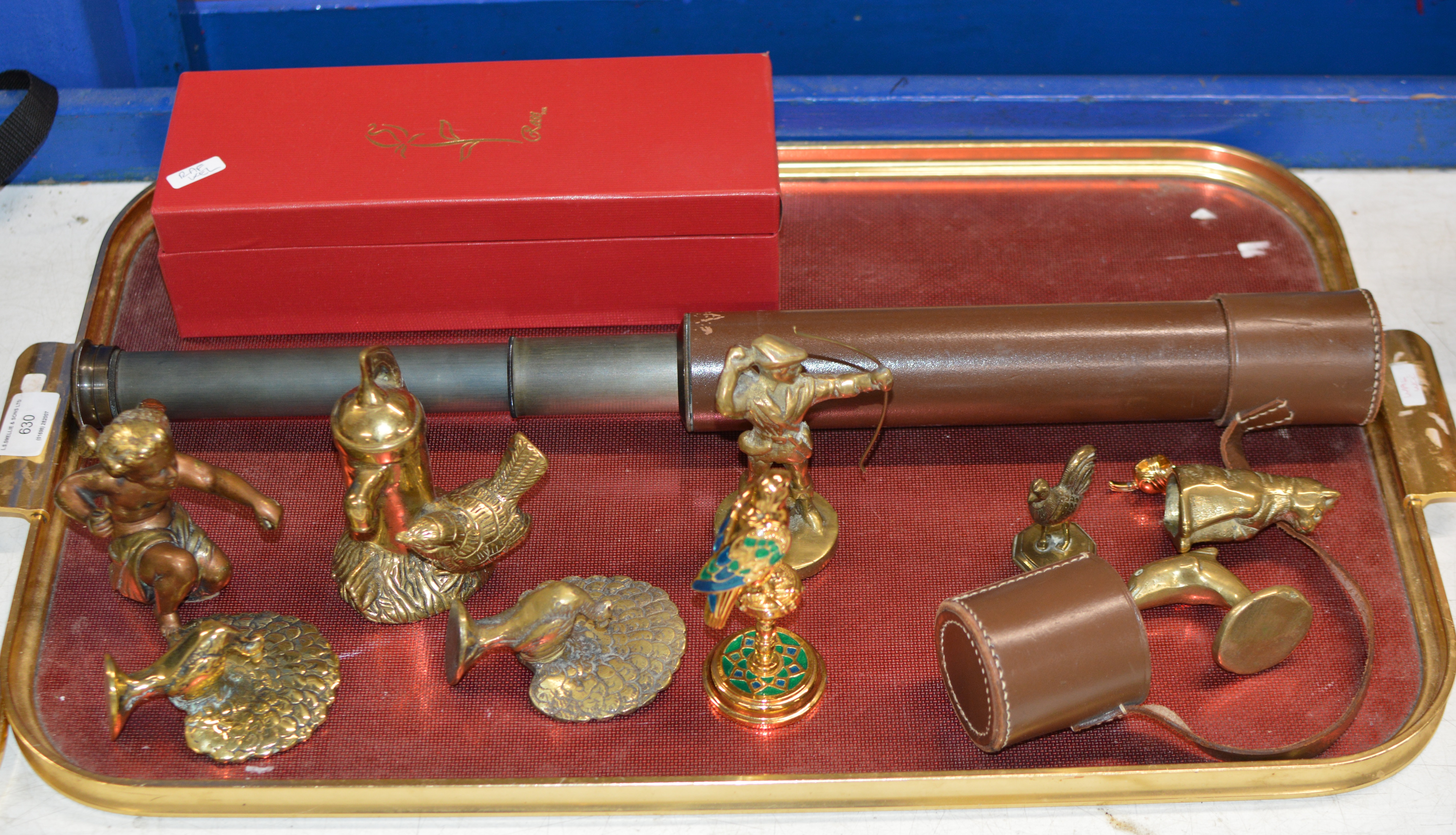LEATHER BOUND TELESCOPE & VARIOUS BRASS ORNAMENTS