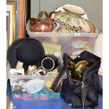 2 BOXES AND 1 BAG CONTAINING VARIOUS MODEL VEHICLES, QUANTITY OF BRASS AND COPPER WARE, BOWLER