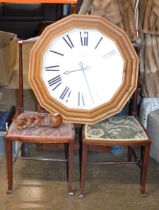 PAIR OF MAHOGANY BEDROOM CHAIRS, LARGE WALL CLOCK & WOODEN ORNAMENT