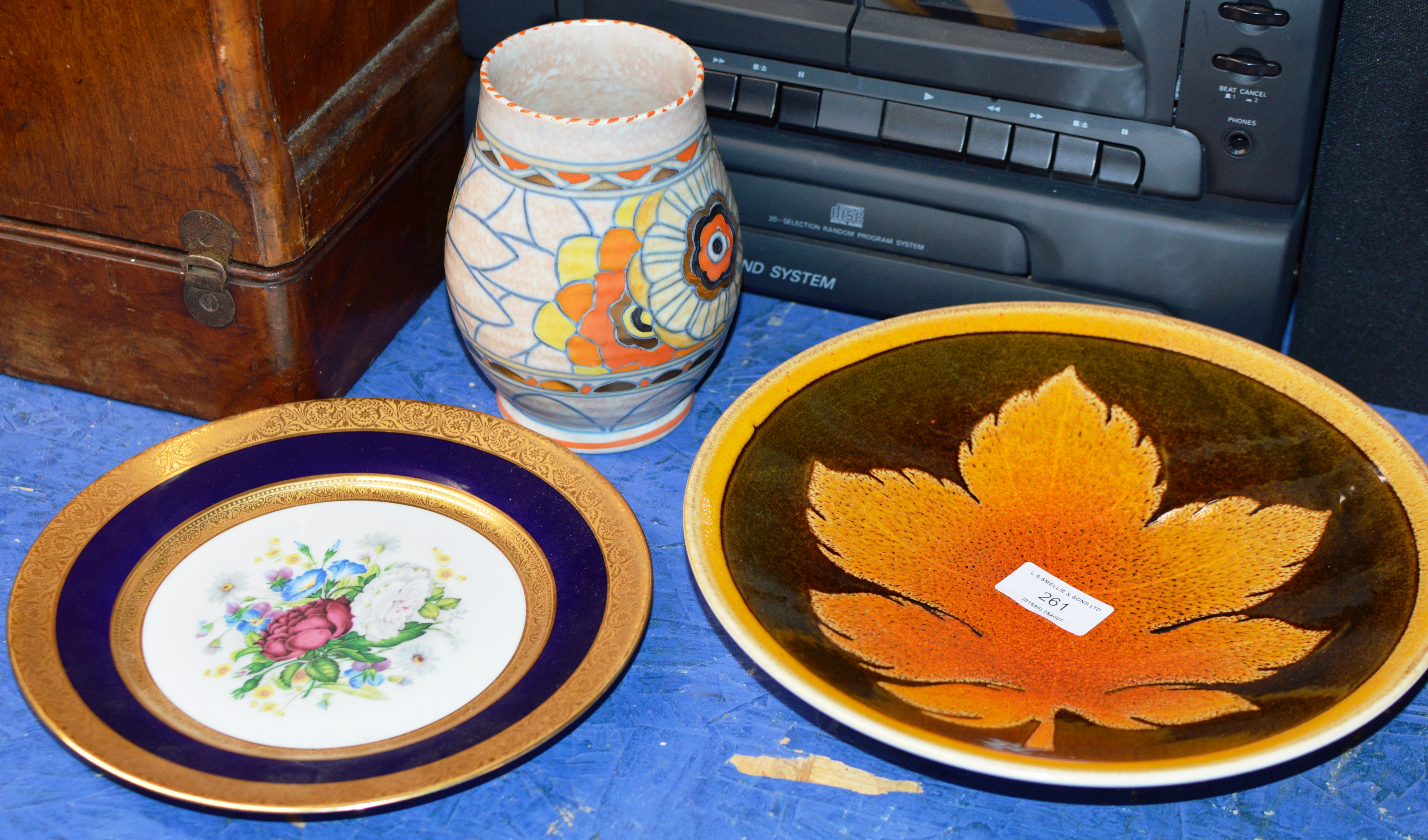 POOLE POTTERY DISH, CROWN DUCAL CHARLOTTE RHEAD VASE AND LIMOGES FLORAL DISH