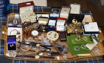 TRAY CONTAINING VARIOUS COSTUME JEWELLERY, WRIST WATCHES, BEADS, EARRINGS ETC