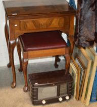 SEWING MACHINE TABLE, PADDED STOOL, VINTAGE RADIO & QUANTITY PICTURES