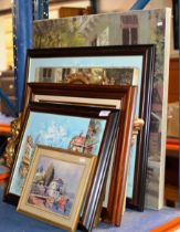QUANTITY VARIOUS FRAMED PICTURES AND A GILT FRAMED WALL MIRROR