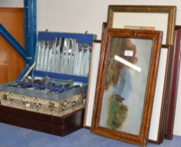 3 VARIOUS CANTEENS OF CUTLERY AND A QUANTITY OF FRAMED PICTURES
