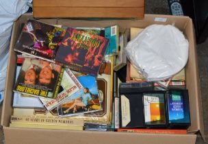 BOX WITH SINGLE RECORDS, CASSETTE TAPES, CD'S ETC